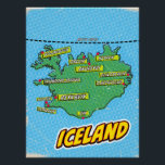 Pop Art Illustrated New York City map Poster<br><div class="desc">A pop art style map of Iceland with a bright blue background and a dotted pattern. The map itself is green with black outlines and features various cities and towns marked with red dots and yellow speech bubbles. The names of the cities are written in bold white letters inside the...</div>