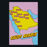 Pop Art Illustrated Saudi Arabia map Poster<br><div class="desc">This visually striking map of Saudi Arabia is a fusion of geography and pop art. Bold colours,  iconic imagery,  and playful typography come together to create a unique and captivating piece.</div>