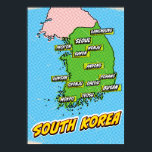 Pop Art Illustrated South Korea map Poster<br><div class="desc">A pop art style map of South Korea with a bright blue background and a dotted pattern.</div>