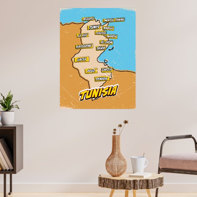 Pop Art Illustrated Tunisia map Poster (Living Room 3)