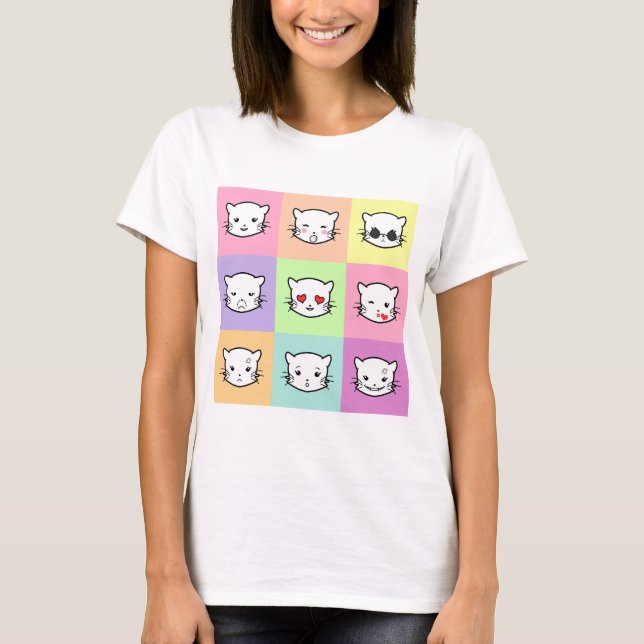 Pop Art Kawaii Cat Emoji T-Shirt (Front)