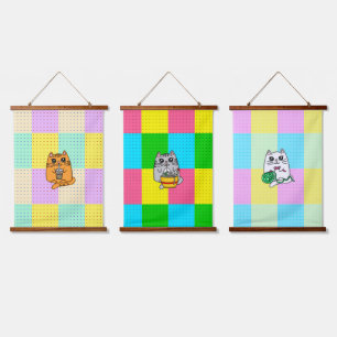 Pop Art Kawaii Cat with Boba Tea, Ramen and Crafts Hanging Tapestry