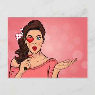 Pop Art Lady Heart Lollipop Valentine Postcard