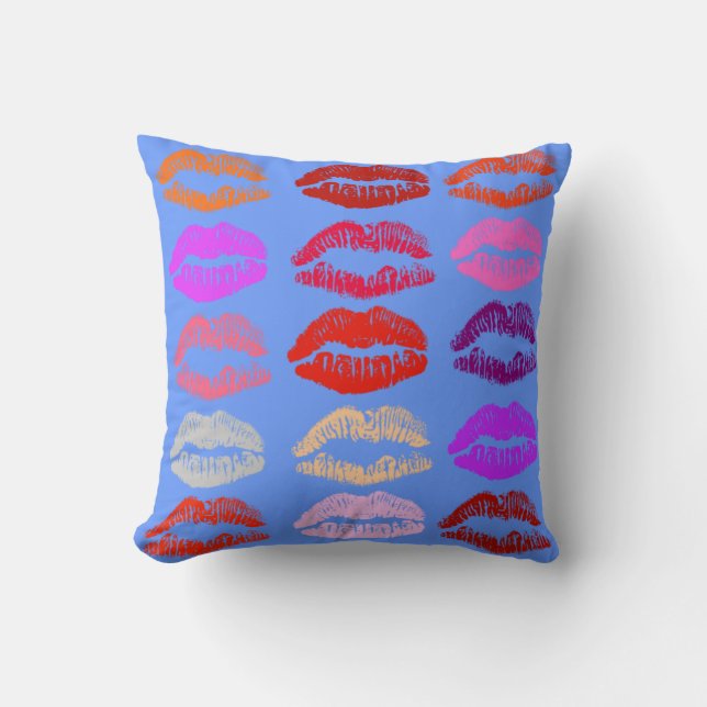 Pop Art Lips (Kisses) Pillow Blue Background (Front)