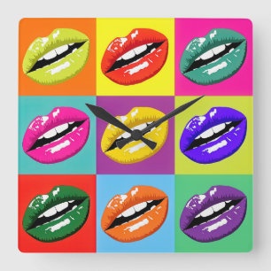 Pop Art Lips Pattern Designed Clock. Square Wall Clock