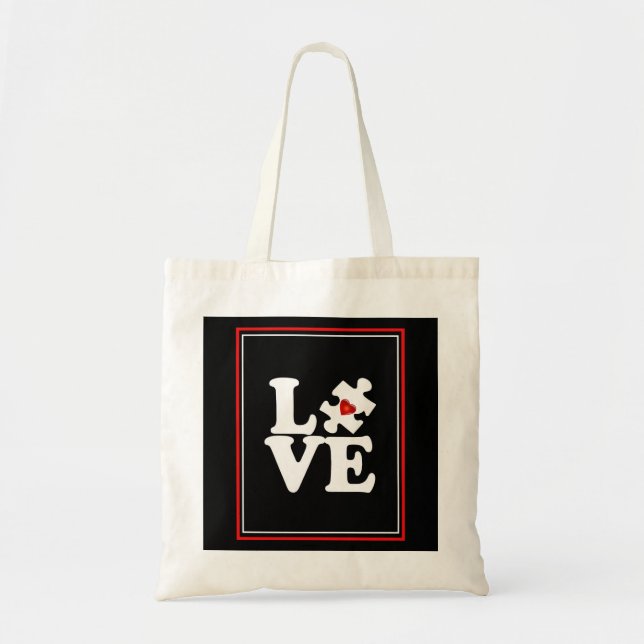 Pop Art LOVE Autism Puzzle Piece Tote Bag (Front)