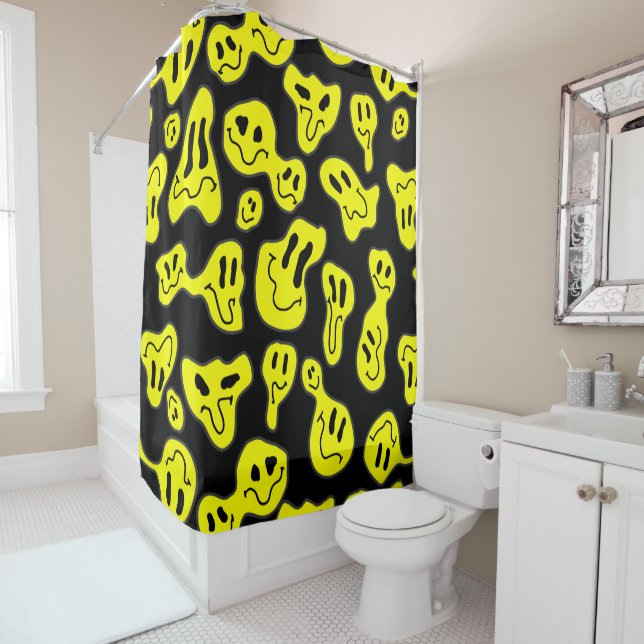 pop art melting happy faces retro 1990s shower curtain (In Situ)