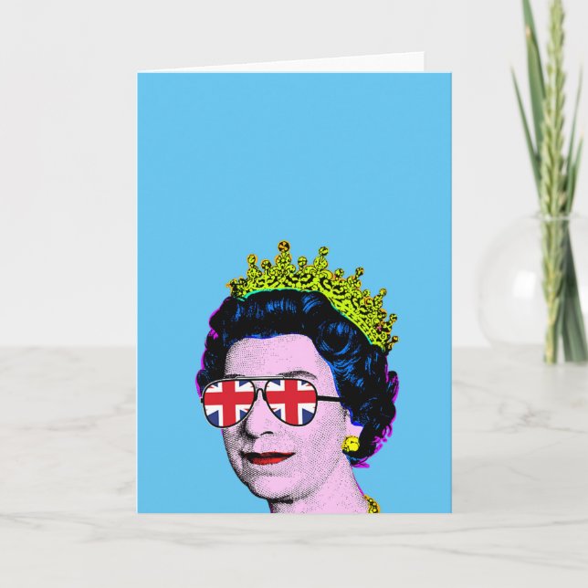Pop Art Modern Fun HM Queen in Union Jack glasses  Card (Front)
