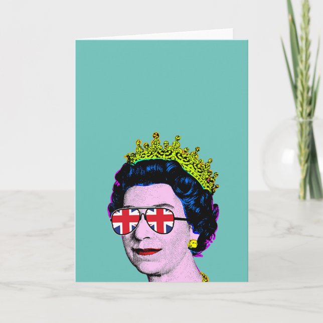 Pop Art Modern Fun HM Queen in Union Jack glasses  Card (Front)