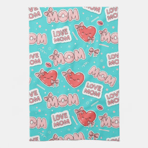 Pop Art MOM Love Pattern in Turquoise (1) Tea Towel