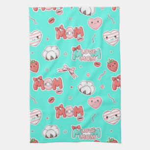 Pop Art MOM Love Pattern in Turquoise (3) Tea Towel