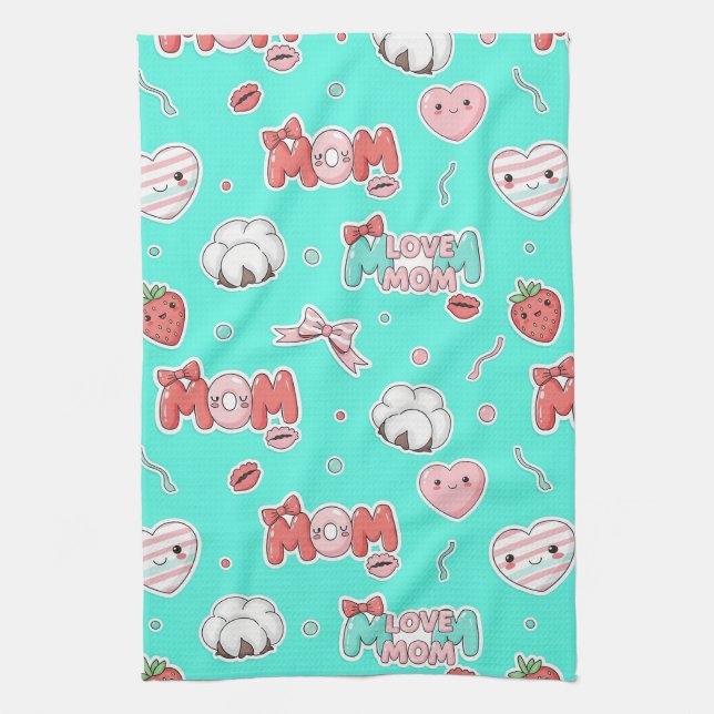 Pop Art MOM Love Pattern in Turquoise (3) Tea Towel (Vertical)