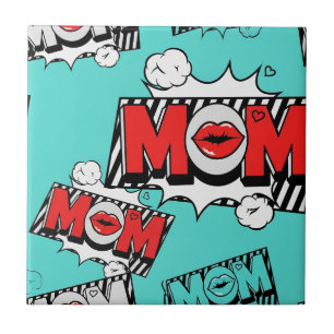 Pop Art MOM Love Pattern in Turquoise (4) Ceramic Tile