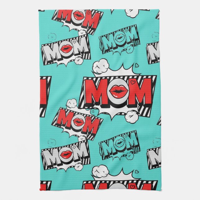 Pop Art MOM Love Pattern in Turquoise (4) Tea Towel (Vertical)