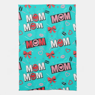 Pop Art MOM Love Pattern in Turquoise (5) Tea Towel