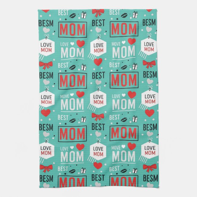 Pop Art MOM Love Pattern in Turquoise (6) Tea Towel (Vertical)