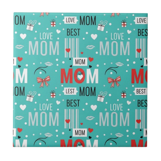 Pop Art MOM Love Pattern in Turquoise (7) Ceramic Tile (Front)