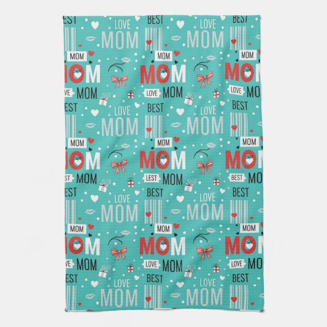Pop Art MOM Love Pattern in Turquoise (7) Tea Towel (Vertical)