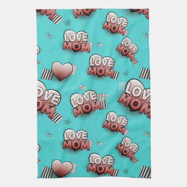 Pop Art MOM Love Pattern in Turquoise (8) Tea Towel (Vertical)