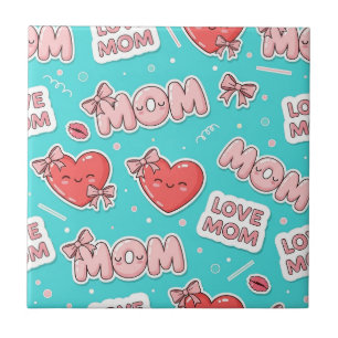 Pop Art MOM Love Pattern in Turquoise Ceramic Tile