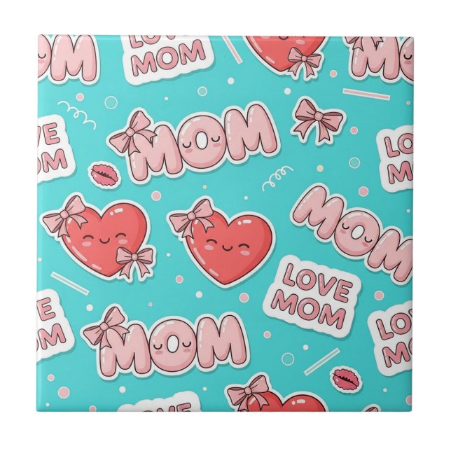 Pop Art MOM Love Pattern in Turquoise Ceramic Tile (Front)