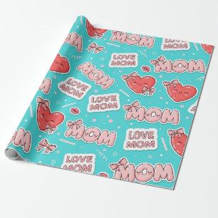 Pop Art MOM Love Pattern in Turquoise Wrapping Paper