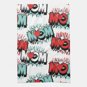 Pop Art MOM Love Pattern in White Tea Towel