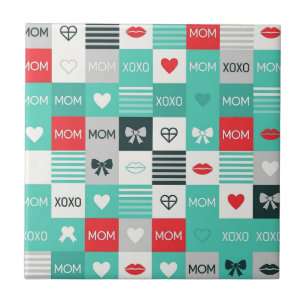 Pop Art MOM Love Pattern with Hearts & Bows (1) Ceramic Tile