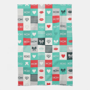 Pop Art MOM Love Pattern with Hearts & Bows (1) Tea Towel