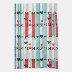 Pop Art MOM Love Pattern with Hearts & Bows (2) Tea Towel