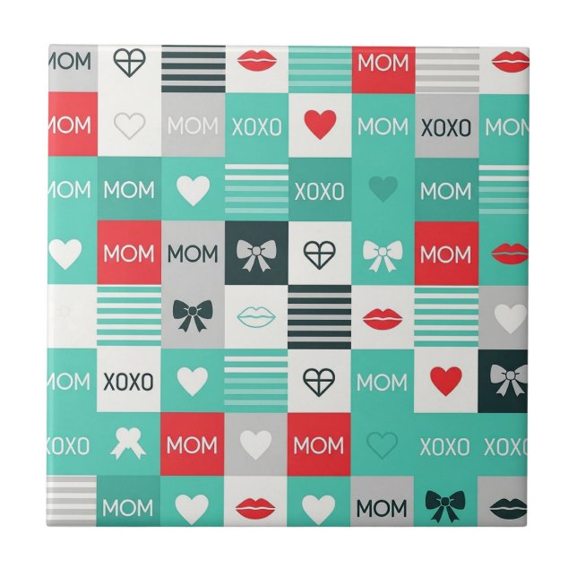 Pop Art MOM Love Pattern with Hearts & Bows Ceramic Tile (Front)