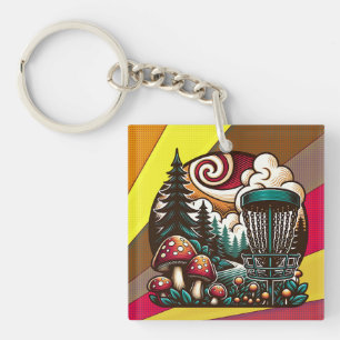 Pop Art Mushrooms and Disc Golf Course Ai Art Key Ring
