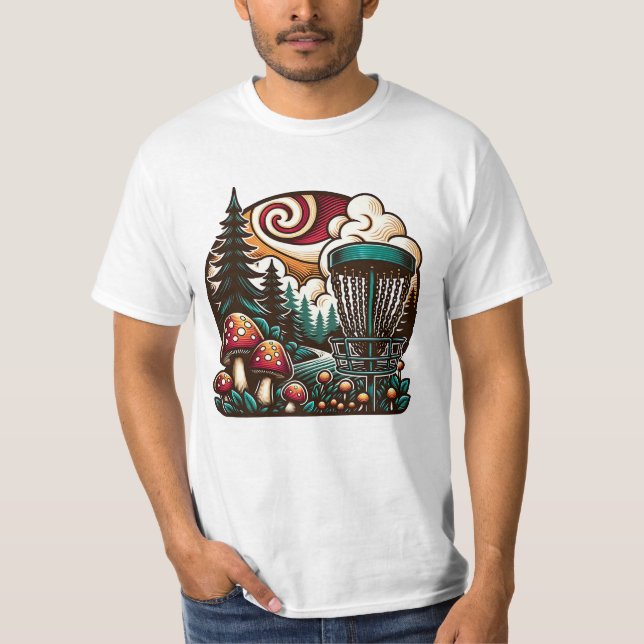 Pop Art Mushrooms and Disc Golf Course Ai Art T-Shirt (Front)