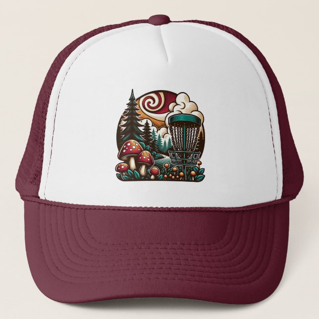 Pop Art Mushrooms and Disc Golf Course Ai Art Trucker Hat (Front)