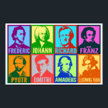 Pop Art Music Composers | Bright Mod Poster<br><div class="desc">Bright colors add a modern pop art spirit to these graphic stylized portraits of famous musical composers. Each portrait is designed featuring two different intense colors and has the artists first name placed below in a bold, clean font. Eight composers are featured: Chopin, Bach, Wagner, Schubert, Tchaikovsky, Shostakovich, Mozart, and...</div>