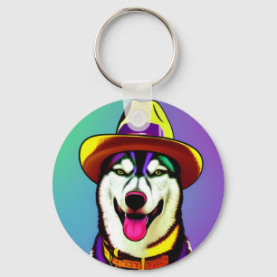 Pop Art Painting of a Husky Dog Wearing a Hat Key Ring