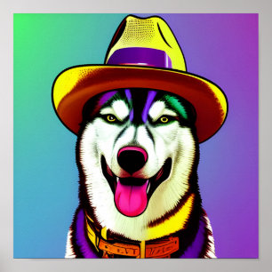 Pop Art Painting of a Husky Dog Wearing a Hat Poster