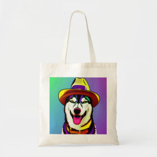 Pop Art Painting of a Husky Dog Wearing a Hat Tote Bag