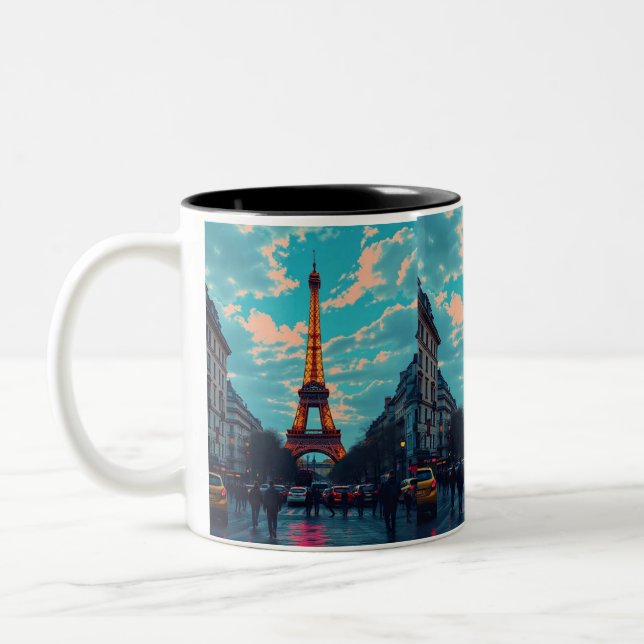Pop Art Paris – Vibrant Retro Cityscape  Two-Tone Coffee Mug (Left)