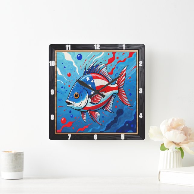  Pop Art Patriotic Fish  Square Wall Clock (Home)
