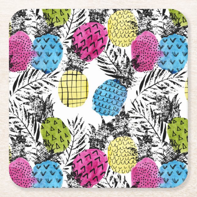 Pop Art Pineapples And Palm Leaves 2 Square Paper Coaster (Front)