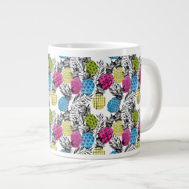 Pop Art Pineapples And Palm Leaves Large Coffee Mug (Front Right)