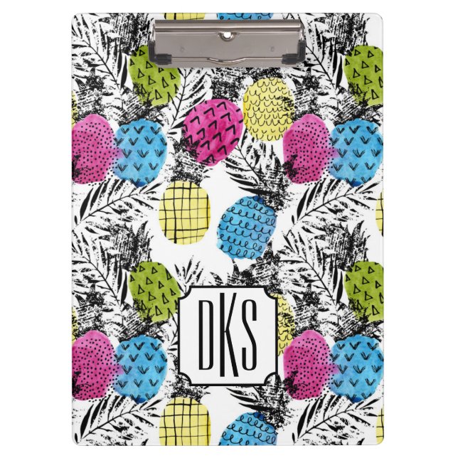 Pop Art Pineapples And Palm Leaves | Monogram Clipboard (Front)