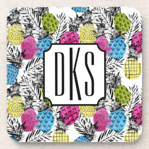 Pop Art Pineapples And Palm Leaves Monogram Coaster