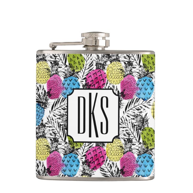 Pop Art Pineapples And Palm Leaves | Monogram Hip Flask (Front)
