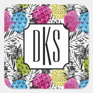 Pop Art Pineapples And Palm Leaves Monogram Square Sticker
