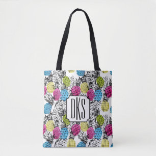 Pop Art Pineapples And Palm Leaves   Monogram Tote Bag