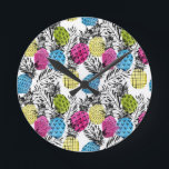 Pop Art Pineapples And Palm Leaves Round Clock<br><div class="desc">Tropical Fruit | Pineapples and palm leaves in pop art style.  © and ® Bigstock® - All Rights Reserved.</div>