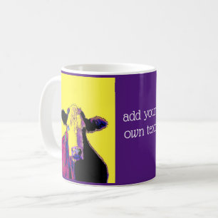 pop art purple and yellow  cow add your own quote coffee mug