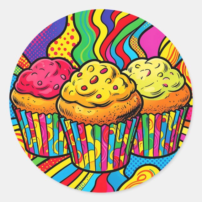 Pop Art Rainbow Cupcakes Explosion Classic Round Sticker (Front)